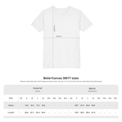 Capy Life size chart for youth t-shirt showing width and length measurements on a white crew neck tee