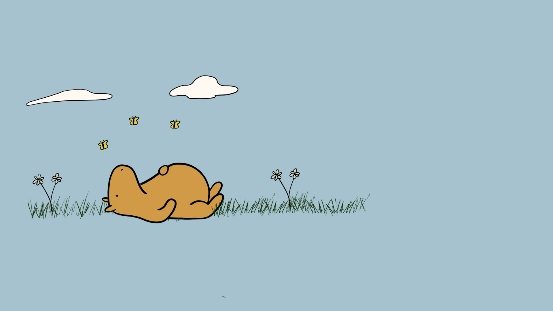 A minimalist cartoon illustration of a sleeping capybara lying on grass with small flowers, two bees, and two white clouds against a light blue background.