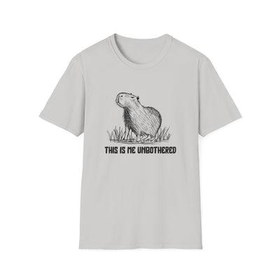 Gray tshirt with a hand drawn capybara and the saying "This is me unbothered"