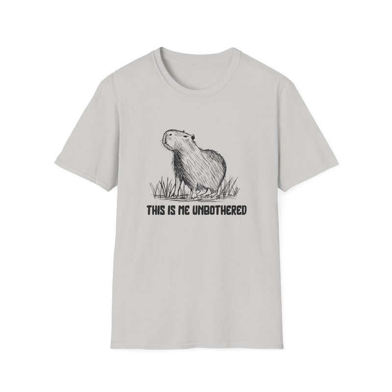 Gray tshirt with a hand drawn capybara and the saying "This is me unbothered"